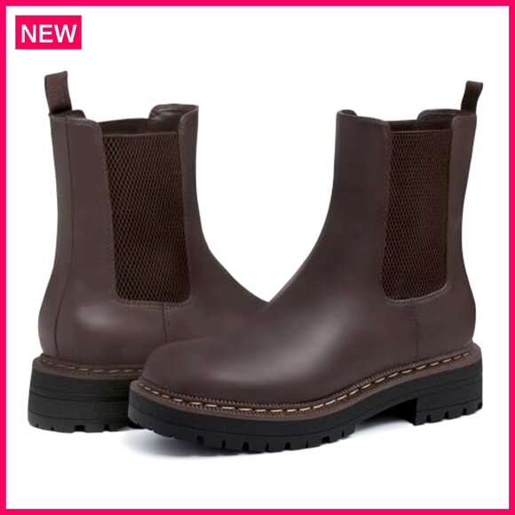 Leather Chelsea Ankle Boots Platform Slip On Chunky Heel Lug Sole - Picture 5 of 8